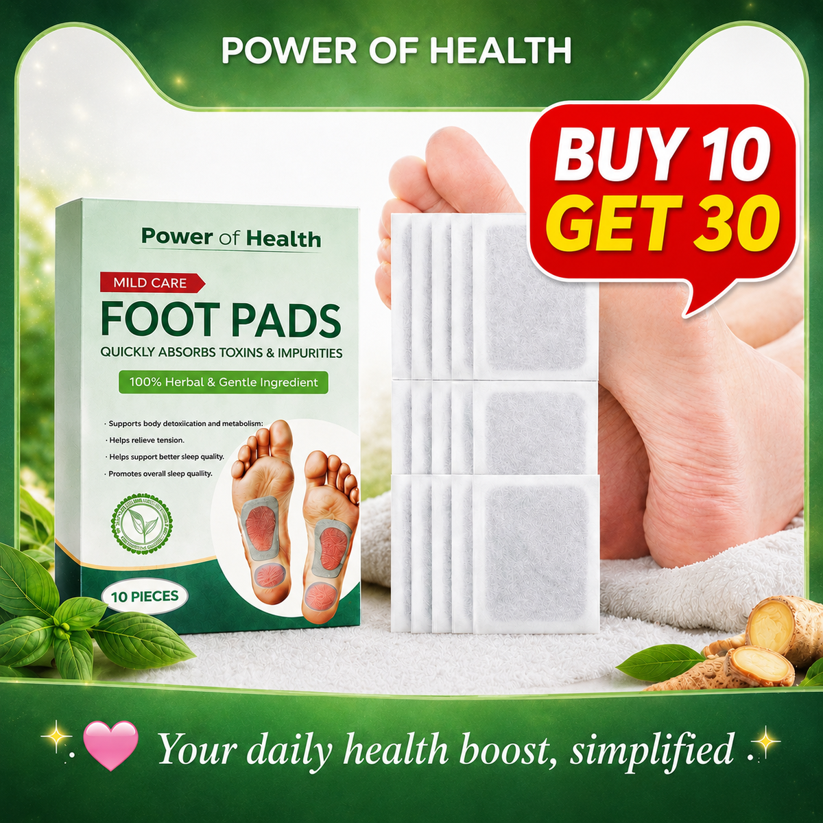 100% Herbal & Gentle Ingredient Detox Foot Pads (BUY 10 GET 20 FREE Pack of 30)